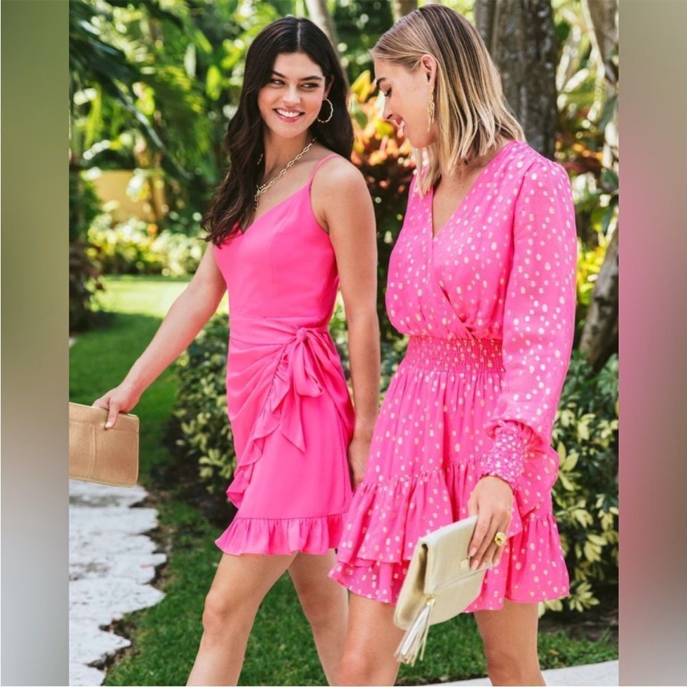 lilly pulitzer alisa wrap dress in aura pink hot pink - Picture 2 of 7